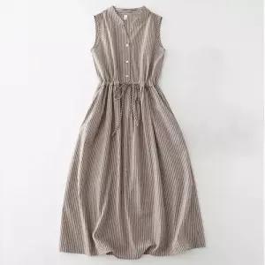 252527 - 스트라이프 스트링 린넨면롱원피스 여름원피스 여성원피스 빅사이즈원피스 체크원피스 중년여성원