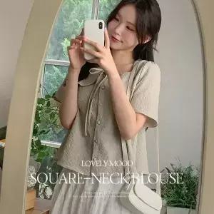 핫핑 [하객룩] 라베듀 스퀘어넥 시어서커 반팔 리본 블라우스