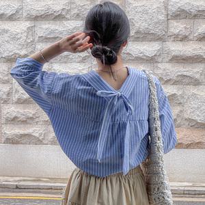 7부 스트라이프 뒷리본 카라 남방 루즈핏 여성 빅사이즈