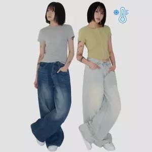 [숏/롱] 5컬러 여름ver 쿨원단 사이드핀턱 워싱와이드진 여성청바지