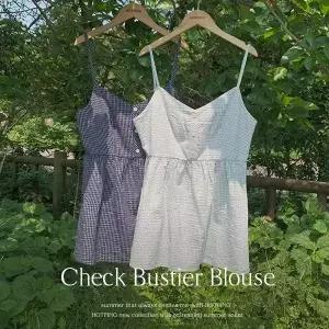 핫핑 [휴양지룩/레이어드] 로레아 스모크밴딩 체크 뷔스티에 블라우스