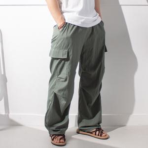 얇은 와이드 파라슈트 카고 팬츠 / 봄 여름 가을 2way 발목스트링 냉감 냉장고 시원한 긴바지