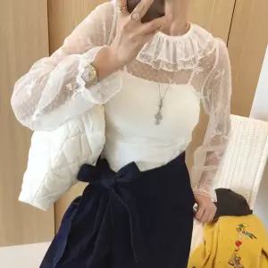 엘린 이중 프릴카라 도트 리본 시스루 긴팔블라우스 (2color)