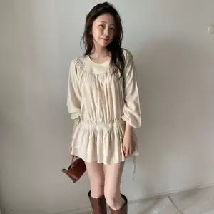 레어 실키 셔링 플레어 로우 롱 블라우스 캉캉 국내제작