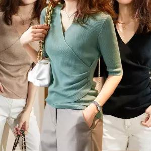 여성 3/4 소매 브이넥 스웨터 얇은 소재 봄 가을 티 얇은소재 여성니트 가을옷 캐주얼 봄옷 데일리티 편안한 3/4소매