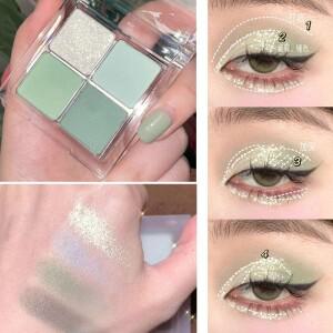 저채도 민트 그린 4 색 아이 섀도우 팔레트 글리터 다이아몬드 방수 매트 라스팅 메이크업