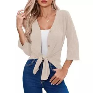 Witsmile 7부 소매 버튼 다운 셔츠 여성용 니트 튜닉 블라우스 타이 매듭 탑 캐주얼 플레인 셔츠, 씨 블루,