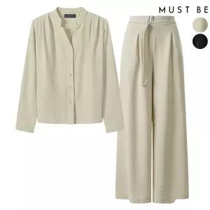 여성 V넥 블라우스 벨티드 와이드팬츠 셋업