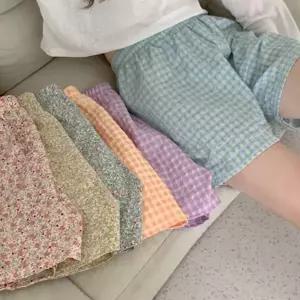 여성 체크 반바지 플라워 고무줄 꽃무늬 여성 반바지 패턴 여름 이지웨어 파자마 웨어 사각 실내 잠옷 팬티