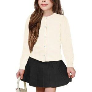 UELoop 여아용 카디건 스웨터 [귀여운 꽃잎 단추] 면 긴소매 크루넥 유니폼 만 5~14세 여아용, #19 베이지, 5-6세