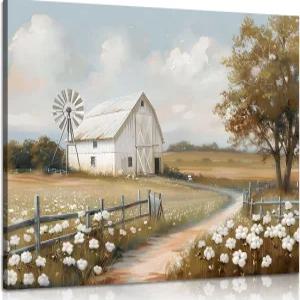 농가 헛간 캔버스 월 아트 소박한 농장 자연 풍경 사진 벽 장식 빈티지 꽃 초원 풍차 포스터 침실 액자에