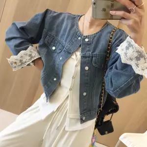 쿨레이스 소매 레이어드 라운드 노카라 세미크롭 봄 데님 청 자켓