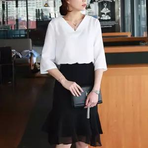 보따리D 여자 면접 용 기본 브이넥 7부 쉬폰 흰색 블라우스