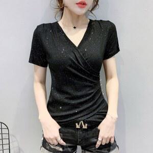 라틴 얇은 댄스티 크로스 라인댄스 여름 반팔 댄스복 반짝이