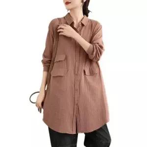 여자블라우스 롱루즈핏 이중사 블라우스 가을 싱글 톤 하프기장 상의 힛템