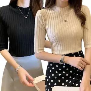 [하프클럽/셀러허브_여성트랜드패션]반목 폴라 반팔 니트 티셔츠