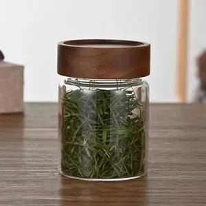 [콩심팥심]밀폐용기 보관병 원형 내열유리 네이처우드 잡곡 커피 유리반찬통