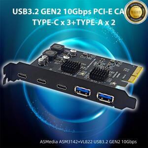 PCI Express X4 to 3 포트 C 타입 + 2 USB3.2 Gen2 10Gbps 어댑터 ASM3142 VL822 칩 확장 카드 허브 신제품