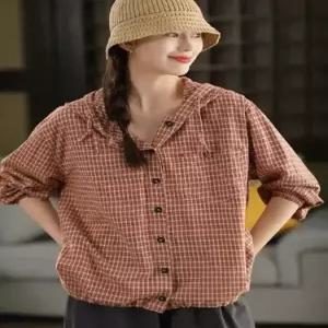 여사친 캐주얼 빈티지 체크 후드 톱 스트링 밑단 카디건 셔츠 OP1