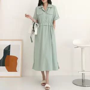 두르 포켓 스트링 카라 롱 원피스_BDOP352