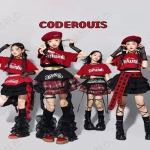 코드루이스 댄스대회 케이팝 방송 댄스복 여아 레드 블랙 체크치마 걸스힙합 여아옷