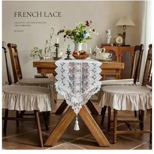 프랑스 레이스 테이블 러너 흰색 자수 테이블보 태슬 장식 빈티지 피아노 식탁 웨딩