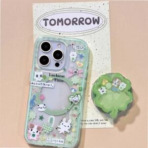 자석 부착 체크무늬 테두리 네잎 클로버 고양이 폰 케이스 (아이폰 11, 17 Pro Max용)