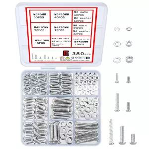우공산 380개 나사 볼트 및 너트 모음 키트 미터법 기계 플랫 와셔 M3/M4/M5 슬롯형 팬 헤드 육각 세트 E