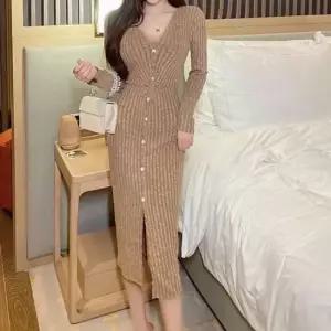 모임룩 클럽원피스 골지 롱원피스 앞트임 니트 브이넥