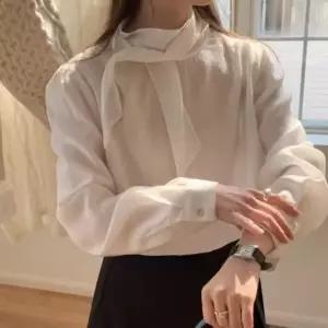 [신세계라이브쇼핑][옷자락] 여성 세련된 리본 타이 퍼프 소매 사무실 블라우스