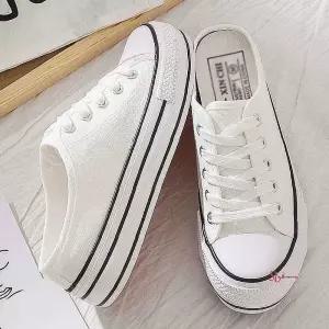 여자 2컬러 키높이 뮬 캔버스 스니커즈 블로퍼 통굽 뮬스니커즈qrs604