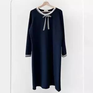 [다잇템] 여성 대형 리본 프릴카라 네이비 롱드레스