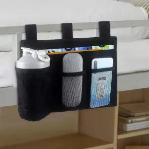 LUWO 침대 옆 보관 캐디 벙커 병원 대학 기숙사 컵 홀더가 있는 레일용 포켓 걸이 정리함 잡지용 전화