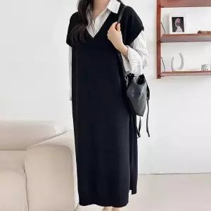 [다잇템] 여성 코디 양트임 빅사이즈 V넥 니트조끼 롱드레스