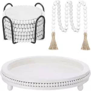 Acellegic 8개 흰색 농가 트레이 장식 세트 6개의 소박한 나무 구슬 코스터와 금속 홀더가 있는 화환 커피