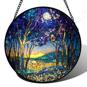 QZQCBLC 스테인드글라스 창문 매달기 블루 퍼플 포레스트 트리 풍경 달 6.3