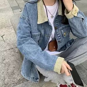 여자 연청 루즈핏 데일리 배색 카라 청 데님 자켓 (HSJ-WFGVCP1)