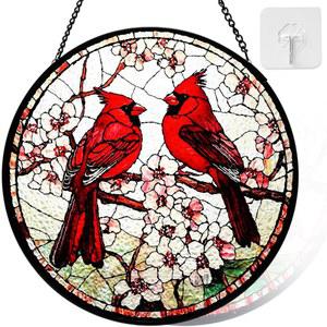 금속 체인과 후크 선캐처가 있는 라일레테즈 카디널 스테인드글라스 창문 걸이형 태양 캐처 유리 패널 실내 장식 홈 가든 새 애호가 여성 어머니의 날 크리스마스 선물