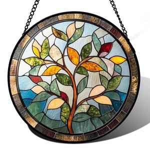 QZQCBLC 스테인드글라스 창문 걸이형 컬러풀 트리 6.3인치