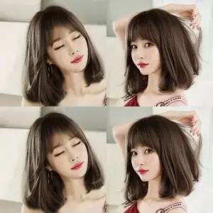 ( )C컬펌 중단발 통가발 매트Brown 항암가발 단발머리가발 여자인조모가발