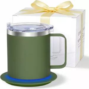 정루 셀프 히팅 커피 머그컵 슬라이딩 뚜껑이 있는 USB 데스크 홈 및 사무실용 131°F 워머 그린-12온스