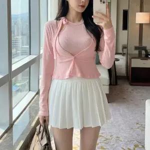 [신세계라이브쇼핑][옷자락] 여자 여리핏 슬림 크롭 가디건 홀터넥 리본 세트