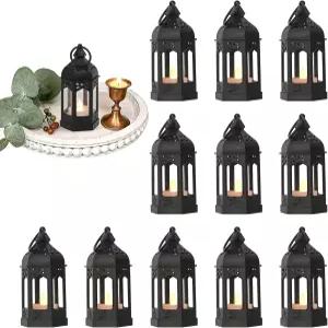 플리커 LED 양초가 포함된 레퍼라 미니 모로코 랜턴 12개 세트 라마단 장식용 블랙 빈티지 걸이 크리스마스