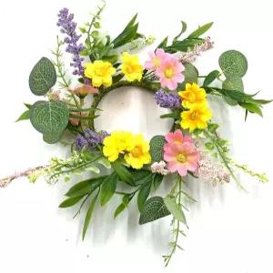 봄 미니 데이지 플라워 캔들 링 4종 세트 3인치 센터 인조 꽃 유칼립투스 9인치 작은 화환 그린리 가든