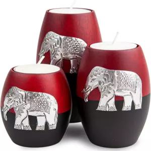IYARA 크래프트 나무 양초 홀더 3개 알루미늄 앤티크 코끼리가 상감된 장식용 정교한 디테일 매트 우드