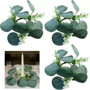 4 PCS 인조 유칼립투스 테이퍼 양초 링 화환 1.38인치 미니 봄 여름 녹지 홀더 그린 테이블 중앙 조각 교회