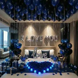 블루 블랙 프로포즈 장식 키트 - LED 티 라이트가 달린 러브 유 풍선 하트 장미 꽃잎 로맨틱한 호텔 객실