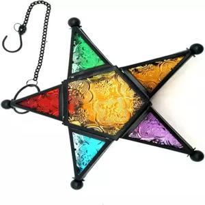 컬러 유리 모로코 램프 홀더 스탠드 LED 또는 청록색 별 모양 철제 프레임 방풍 장식
