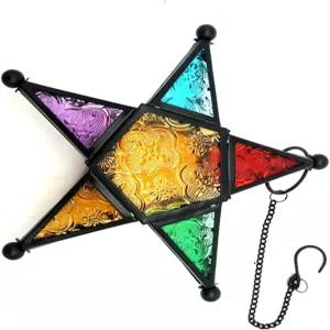 유색 유리 모로코 램프 홀더 스탠드 LED 또는 청록색 별 모양 철제 프레임 방풍 장식용 다색
