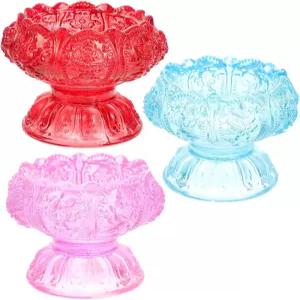 프레티줌 3pcs 작은 유리 버터 램프 캔들 홀더 세트 블루 레드 핑크 크리스탈 하이 베이스 불교 의식용